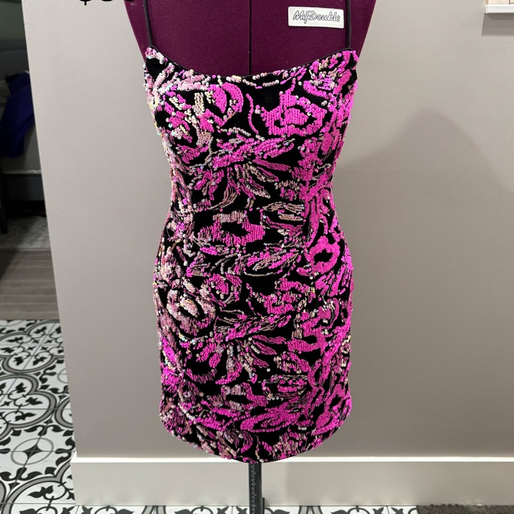 Pink and Black Sequin Mini Dress